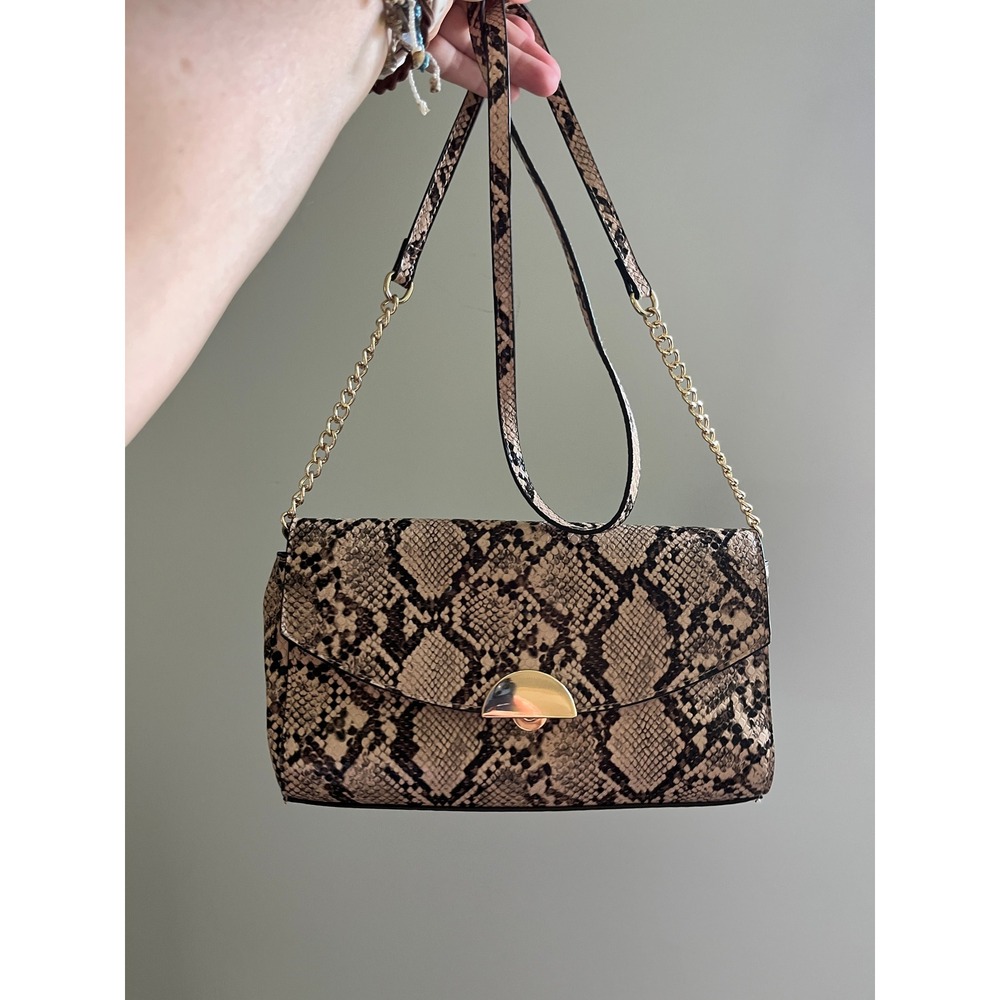 Snakeskin Print Crossbody Bag Clutch Purse Tan Black Gold Strap Minimalist Chic